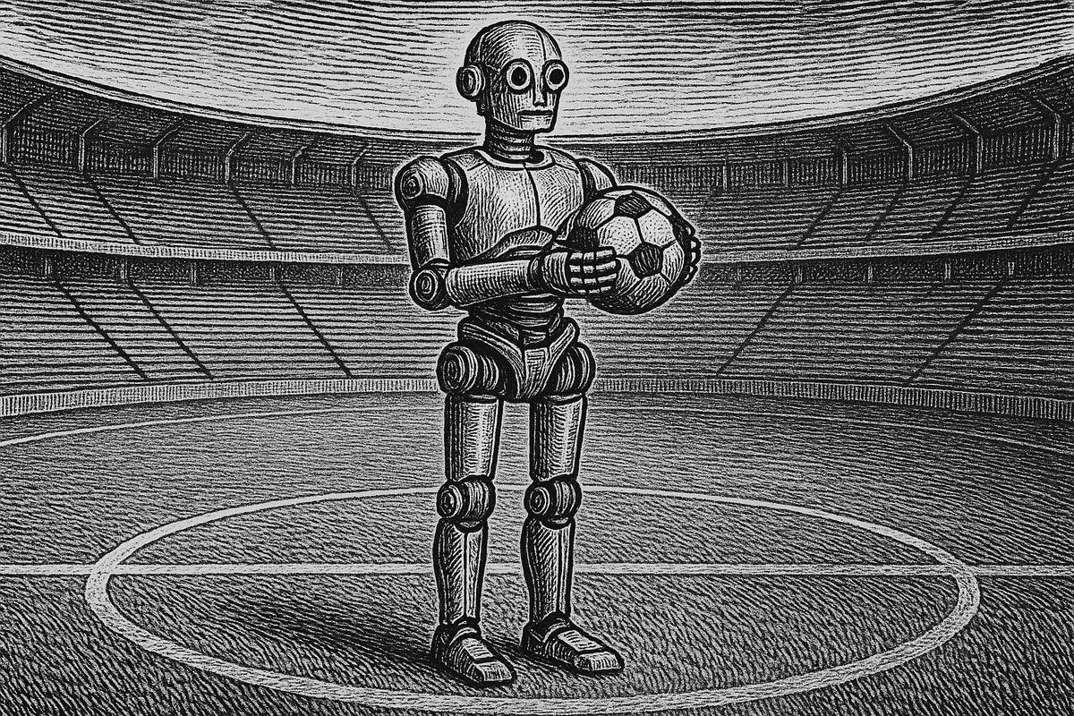 A line engraving of a single humanoid robot standing alone at the centre circle of an empty stadium, holding a football in both hands at chest height.