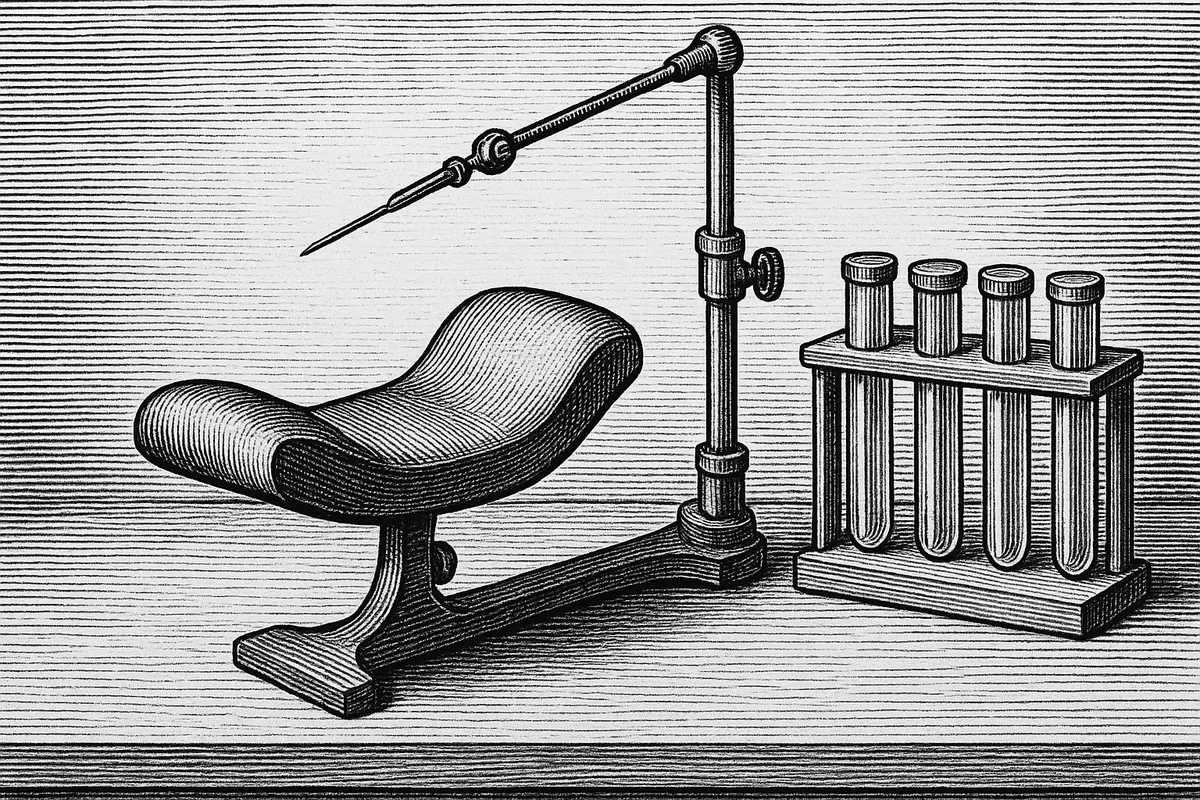 A line engraving of clinical apparatus at rest on a bench: an empty padded arm-rest cradle, a slender articulated instrument arm on a jointed stand poised above it with a fine needle at its tip, and a rack of four empty glass tubes alongside.