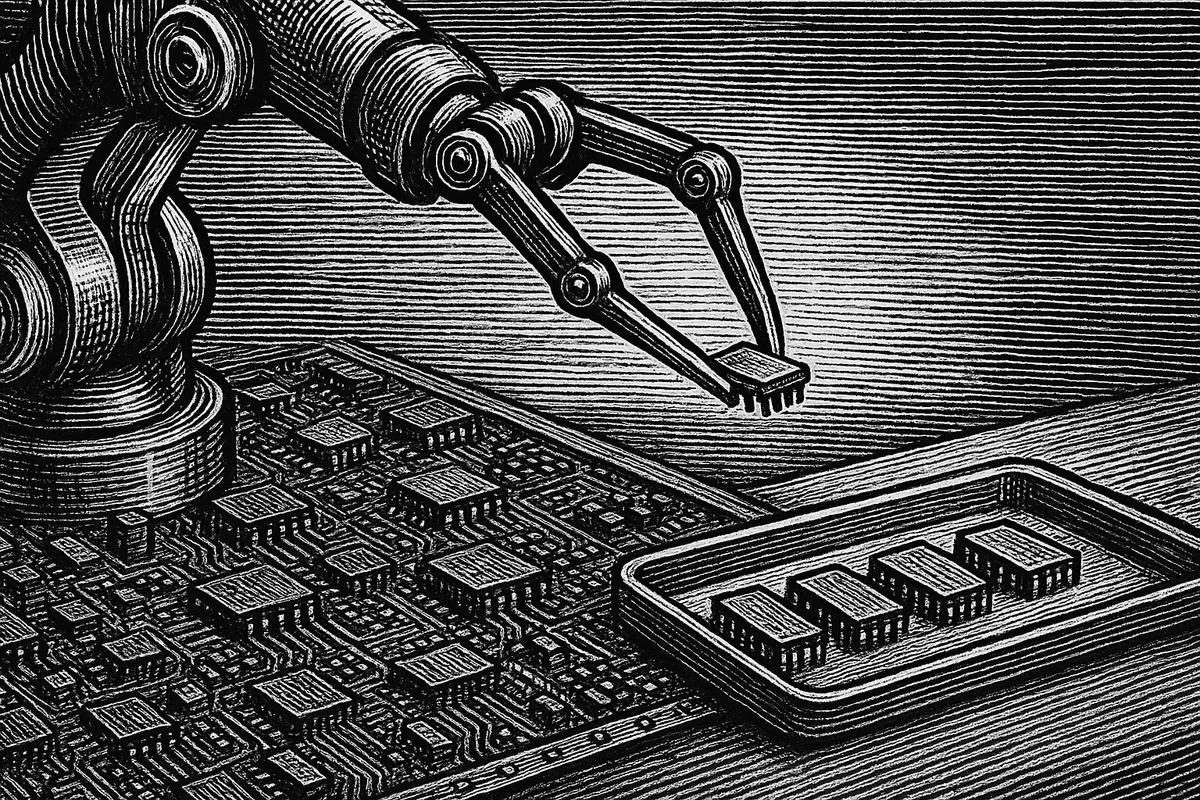 A line engraving of a fine robotic manipulator lifting a single small chip clear of a densely populated circuit board, with recovered chips laid out on a tray alongside.