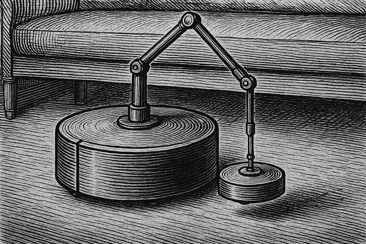 A line engraving of a large disc-shaped domestic floor robot with a jointed mechanical arm rising from its top surface, holding a much smaller disc-shaped robot level just above the floorboards beside the base of a sofa.