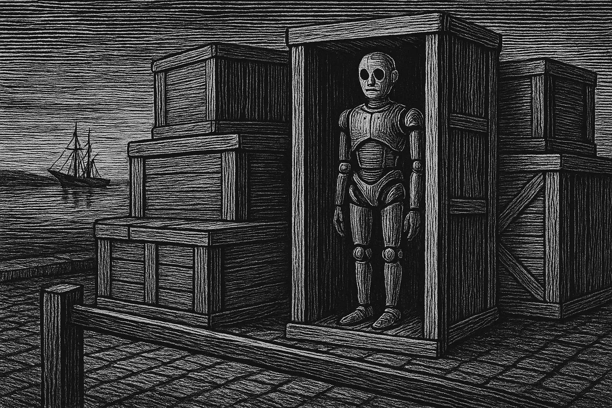 A line engraving of wooden shipping crates stacked on a quayside at dusk, one open at the front revealing a dormant humanoid robot standing upright inside it.