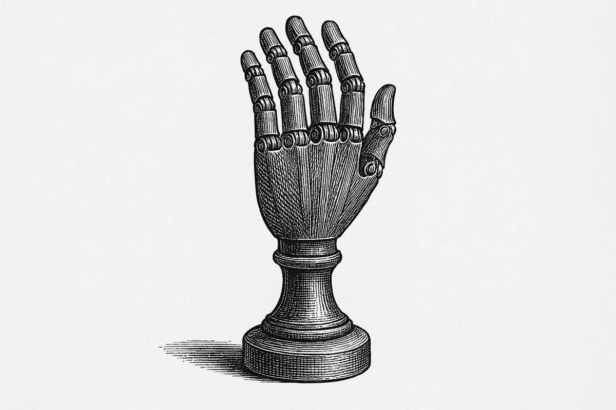 A line engraving of a single mechanical five-fingered hand mounted upright on a plain turned pedestal against empty white, every finger joint and linkage drawn in engineering detail, the fingers slightly curled.