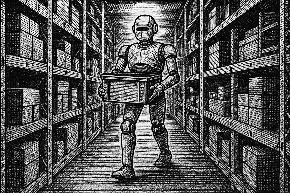 A line engraving of a single bipedal robot carrying a tote along an aisle between tall warehouse racking, the shelves receding steeply on both sides.