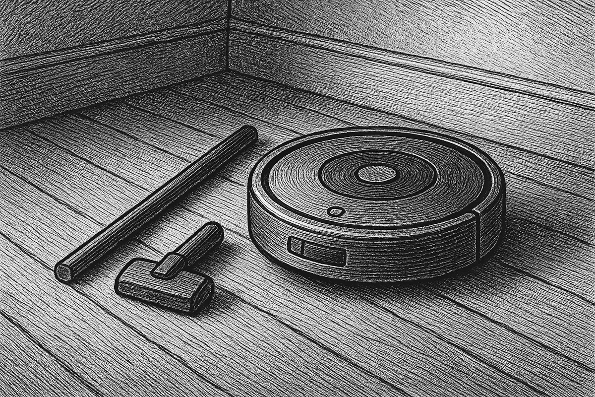 A line engraving of a small disc-shaped floor-cleaning robot at rest on bare floorboards, with a slim upright handle section and a small hand-held section laid out neatly beside it.