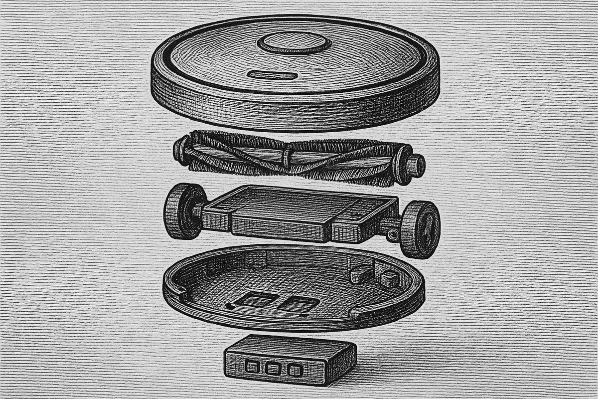 A line engraving of a small disc-shaped domestic cleaning robot drawn as an exploded diagram, its shell, brush roller, wheel modules, filter and battery pack separated into ordered layers.