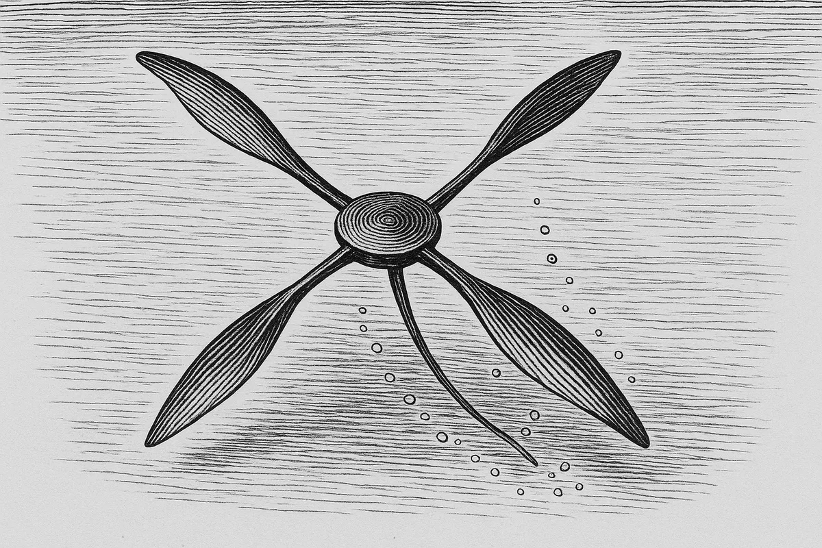 A line engraving of a small swimming machine suspended in water: four slender tapering wings radiating in a cross from a low circular central disc, two raised and two curved downward in mid-stroke, with a fine trailing filament below and small bubble traces alongside.