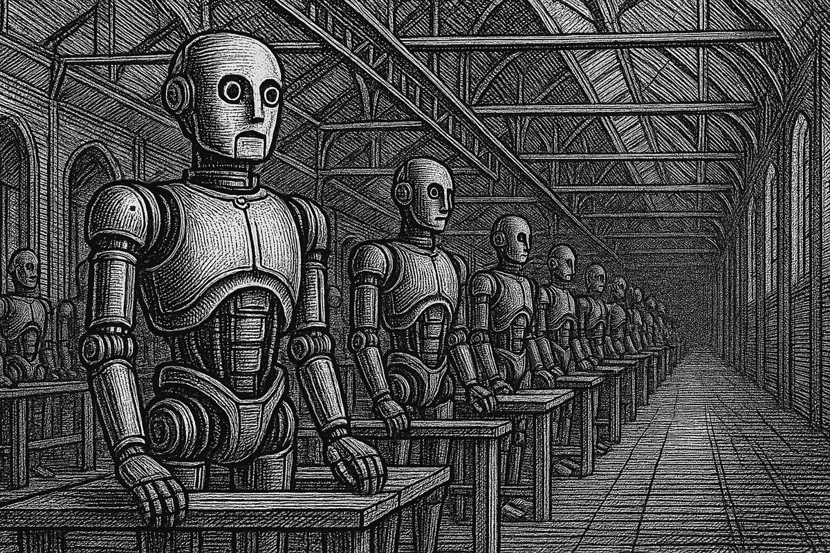 A line engraving of a long row of identical humanoid robots at workbenches in a vast hall, receding toward a distant vanishing point beneath roof trusses.