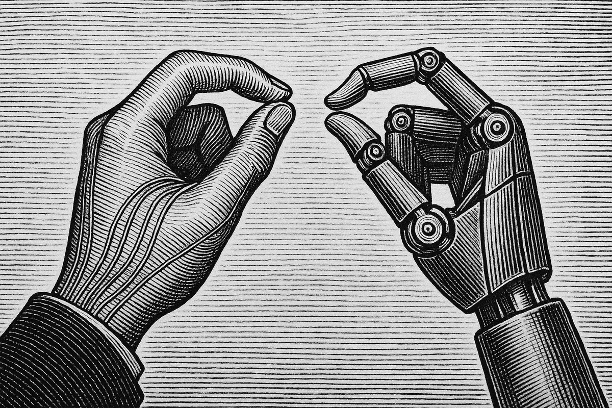 A line engraving of two hands side by side making the same pinching motion — a human hand in a close-fitting instrumented glove, and an articulated mechanical hand mirroring it — both cropped at the wrist.