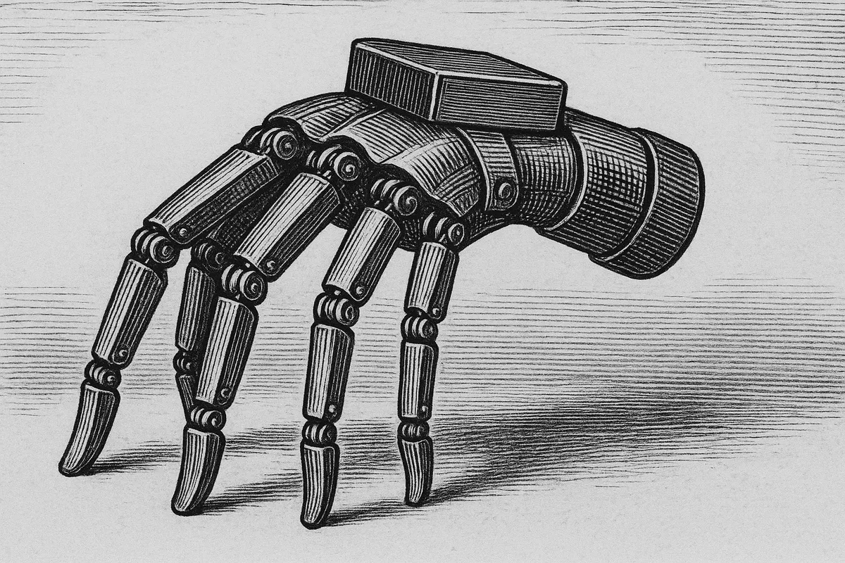 A line engraving of a mechanical hand standing upright on its own fingertips on a plain surface, arched like a crab mid-stride with the digits splayed and bearing its weight, a small flat module strapped to the back of the hand, the wrist ending cleanly with no arm beyond.