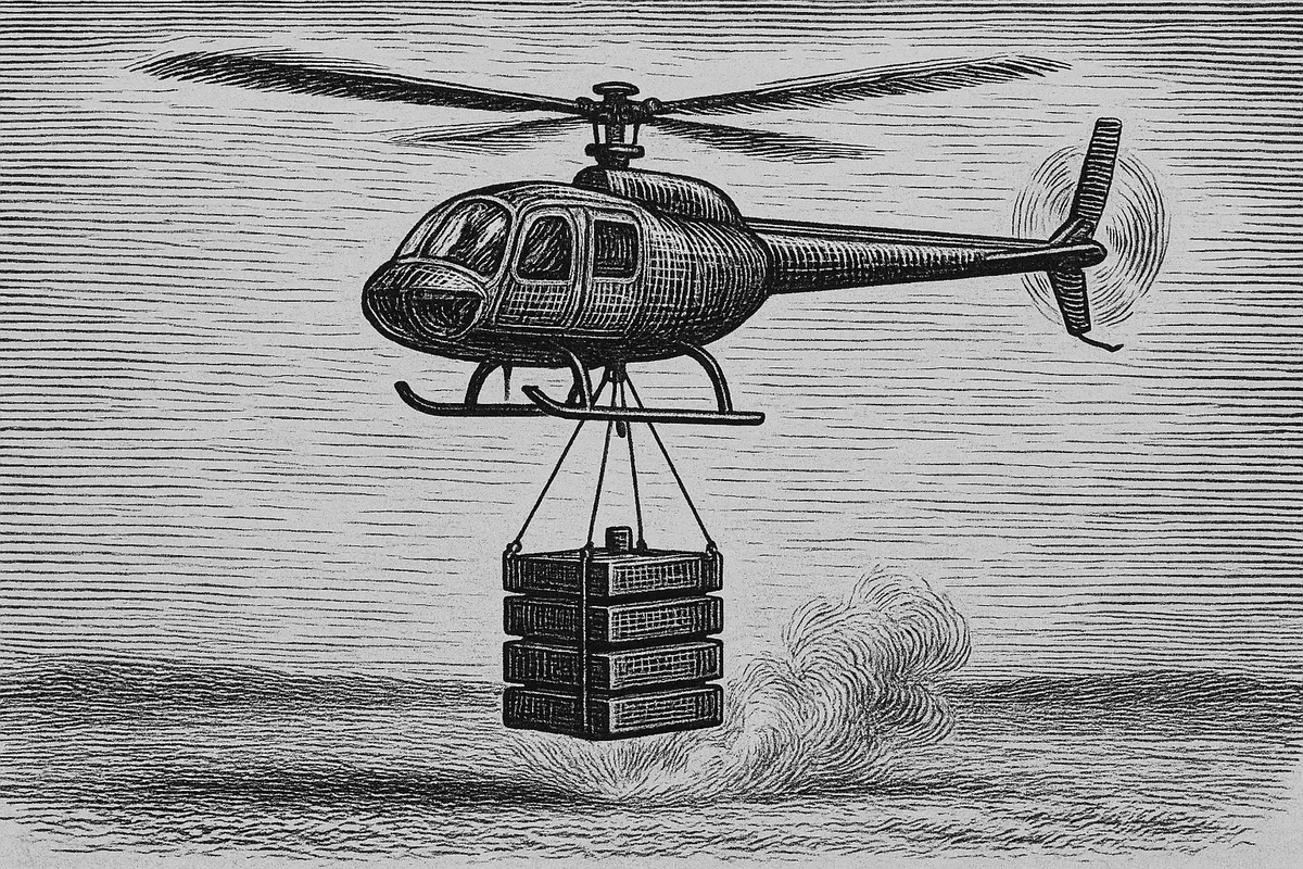 A line engraving of a single-rotor helicopter drone hovering low over open ground with a heavy slung load of stacked iron weights beneath it.