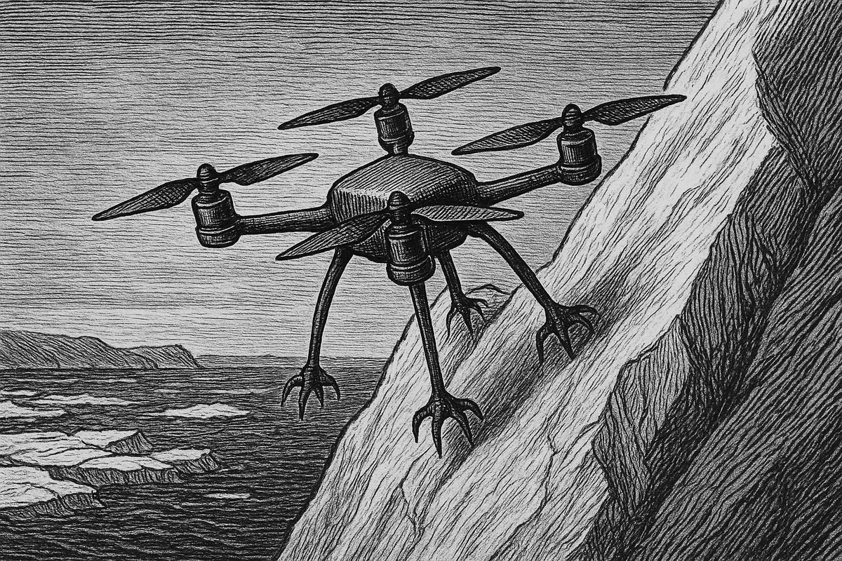 A line engraving of a small four-rotor drone gripping the steep sloping face of an iceberg with spined feet, cracked ice and open water receding behind it.