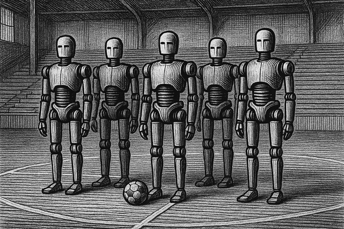A line engraving of five identical humanoid robots standing in a row on an indoor football pitch, a ball resting at the feet of one of them, with empty tiered seating behind.