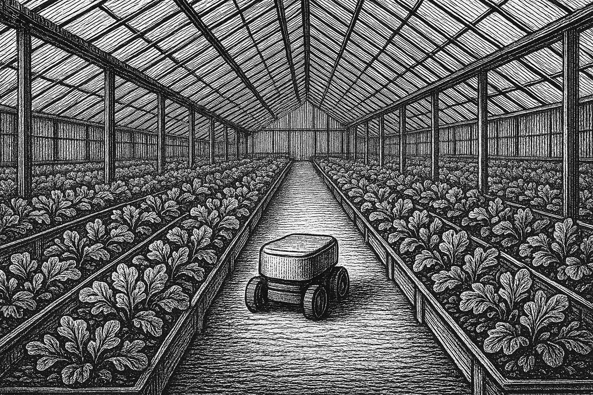 A line engraving of a long glasshouse interior with rows of leafy salad plants receding under a glazed roof, and a small wheeled autonomous unit moving along the aisle.