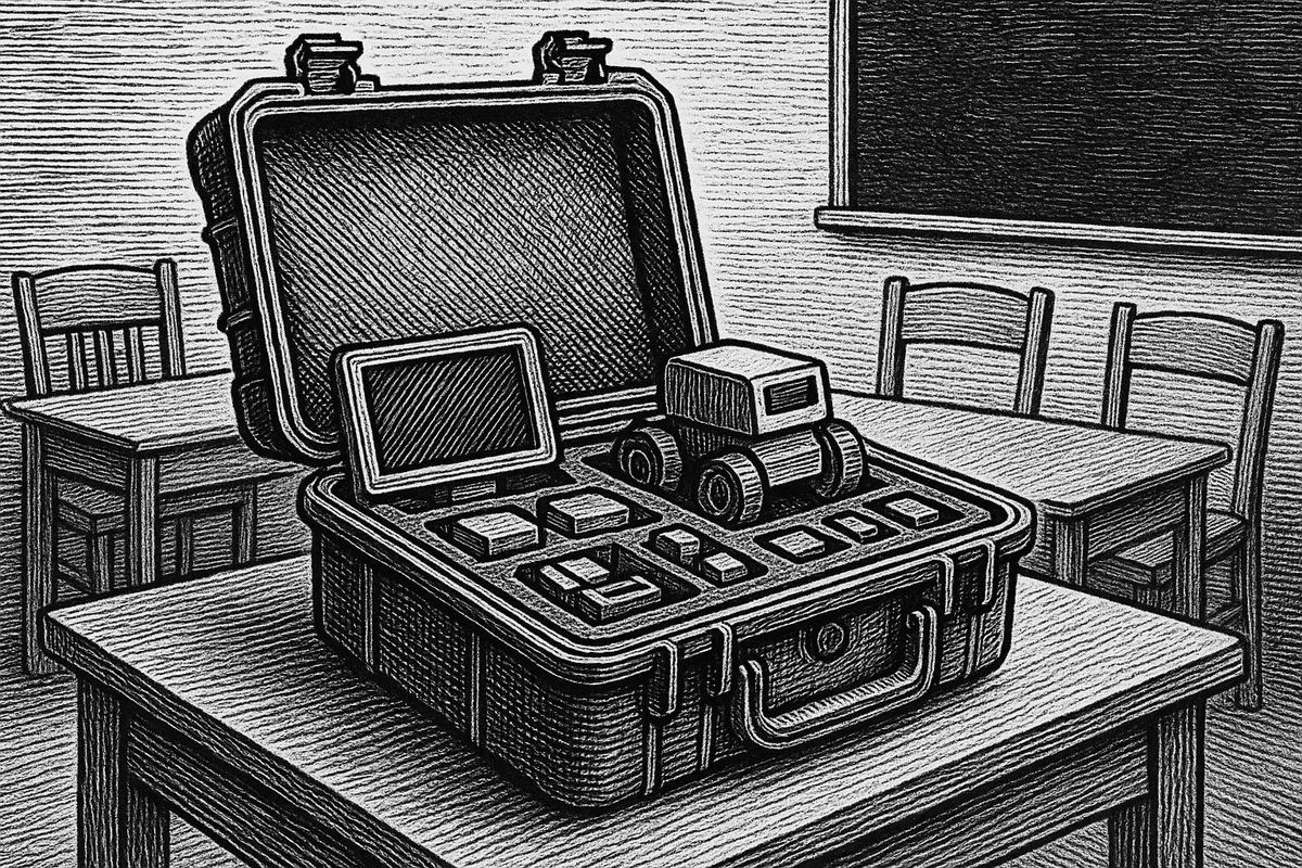 A line engraving of a sturdy travelling equipment case standing open on a classroom desk, with a small wheeled robot, a compact screen and several modules fitted into shaped recesses inside it, and an empty blackboard and chairs behind.