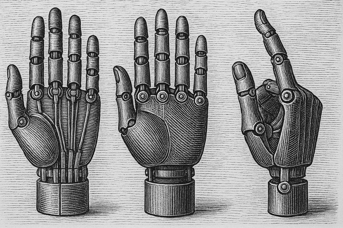 A line engraving showing three views of an articulated mechanical hand — palm, back and side — in the manner of an anatomical plate.
