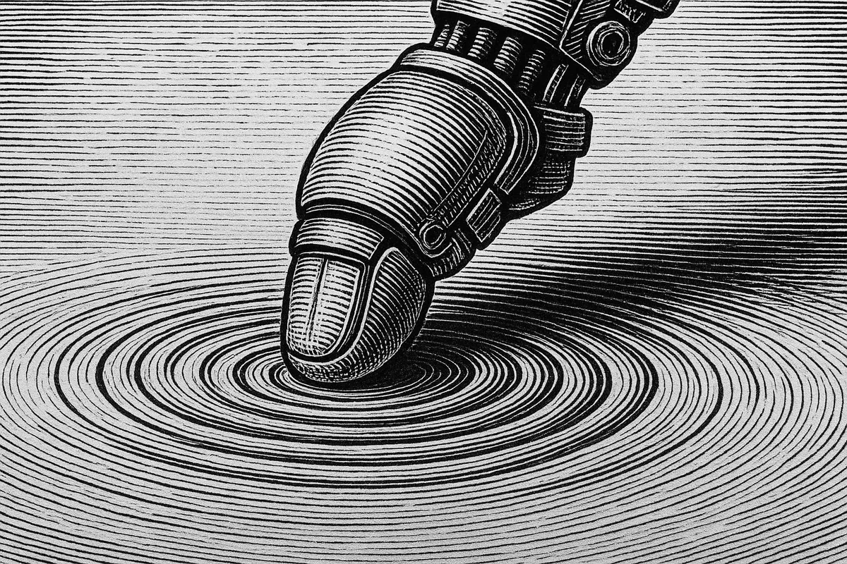 A line engraving showing a soft robotic fingertip pressing onto a flat surface, with concentric rings of pressure radiating outward from the contact point.