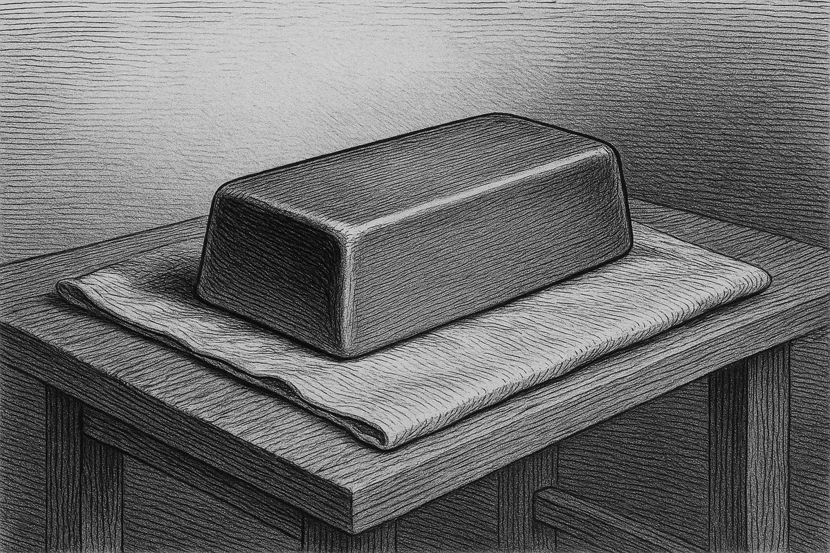 A line engraving of a single plain rectangular metal ingot with gently tapered sides, resting on a folded cloth on a plain wooden bench and lit from one side.
