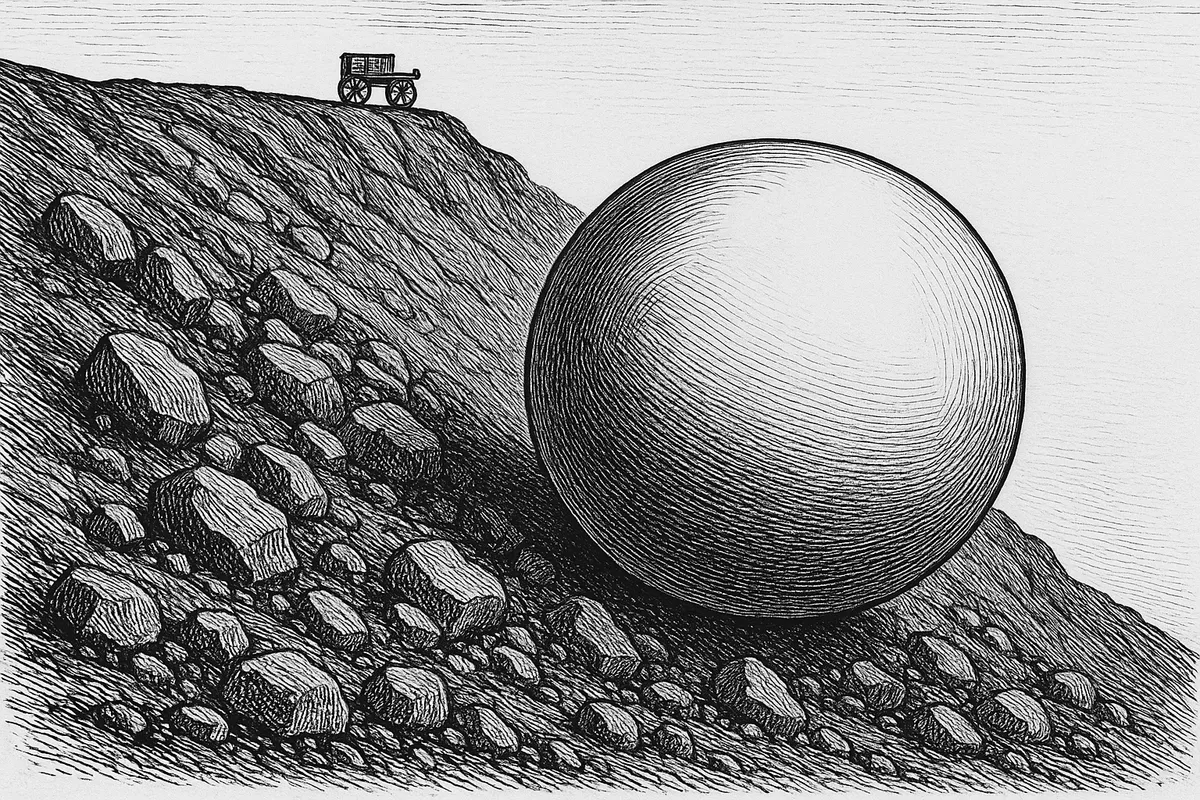 A line engraving of a large smooth featureless sphere resting on a steep boulder-strewn slope, with a small wheeled vehicle standing on the rim high above it.