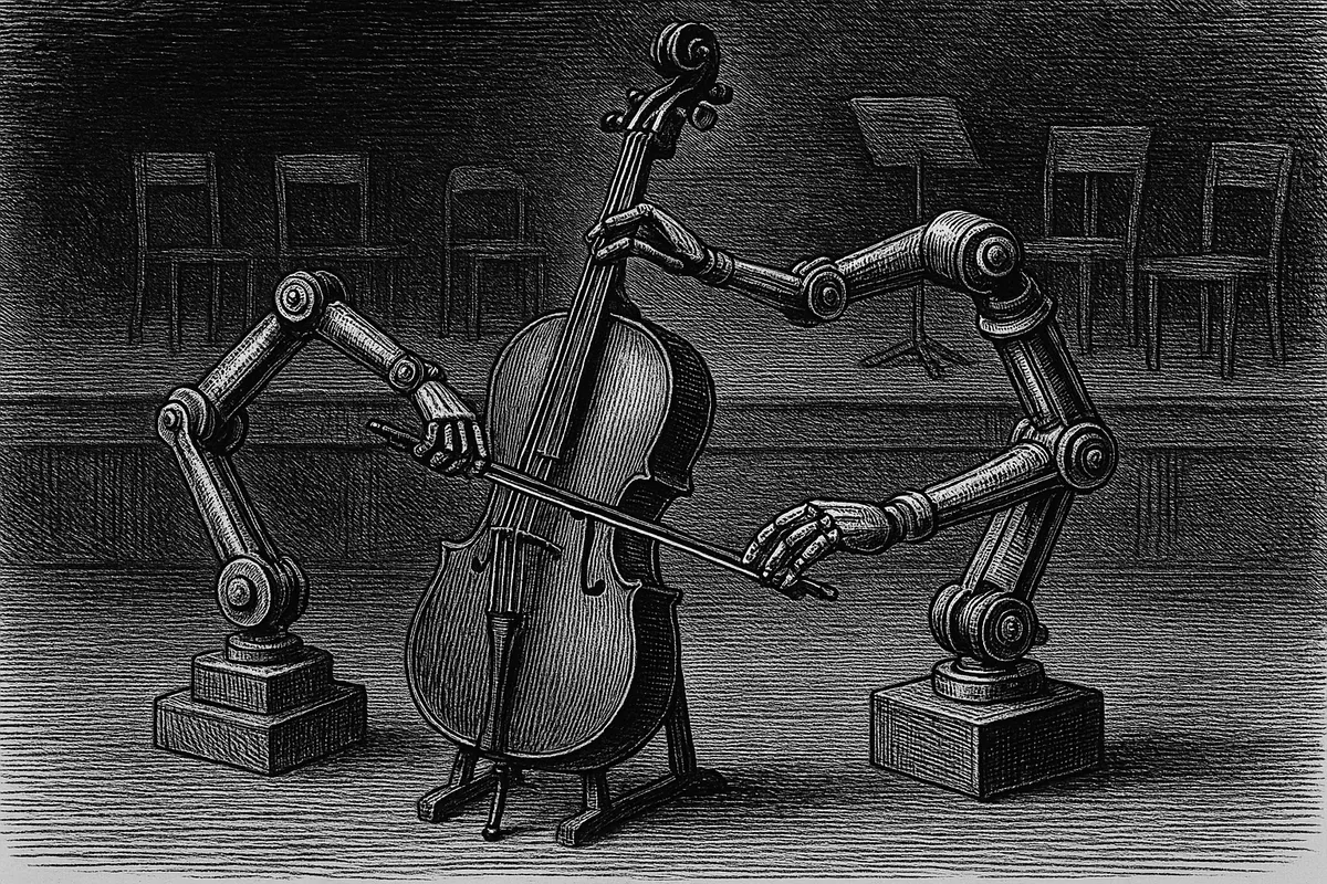 A line engraving of two industrial robotic arms on separate plinths playing a cello that stands in a floor stand between them — one arm drawing a bow across the strings, the other pressing the strings against the fingerboard — with empty chairs and music stands on the platform behind.