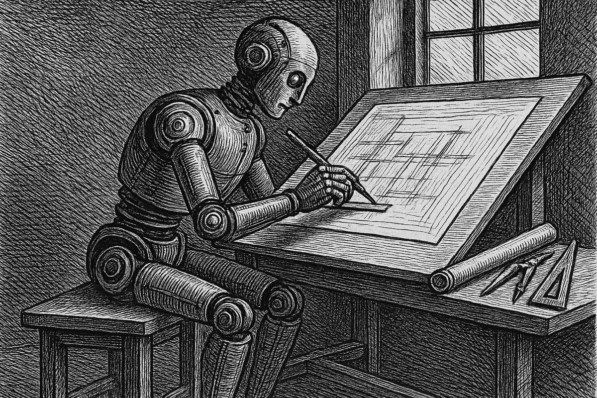 A line engraving of a humanoid robot seated at a drawing board in an empty studio, holding a drafting instrument against a straight edge over an architectural plan.