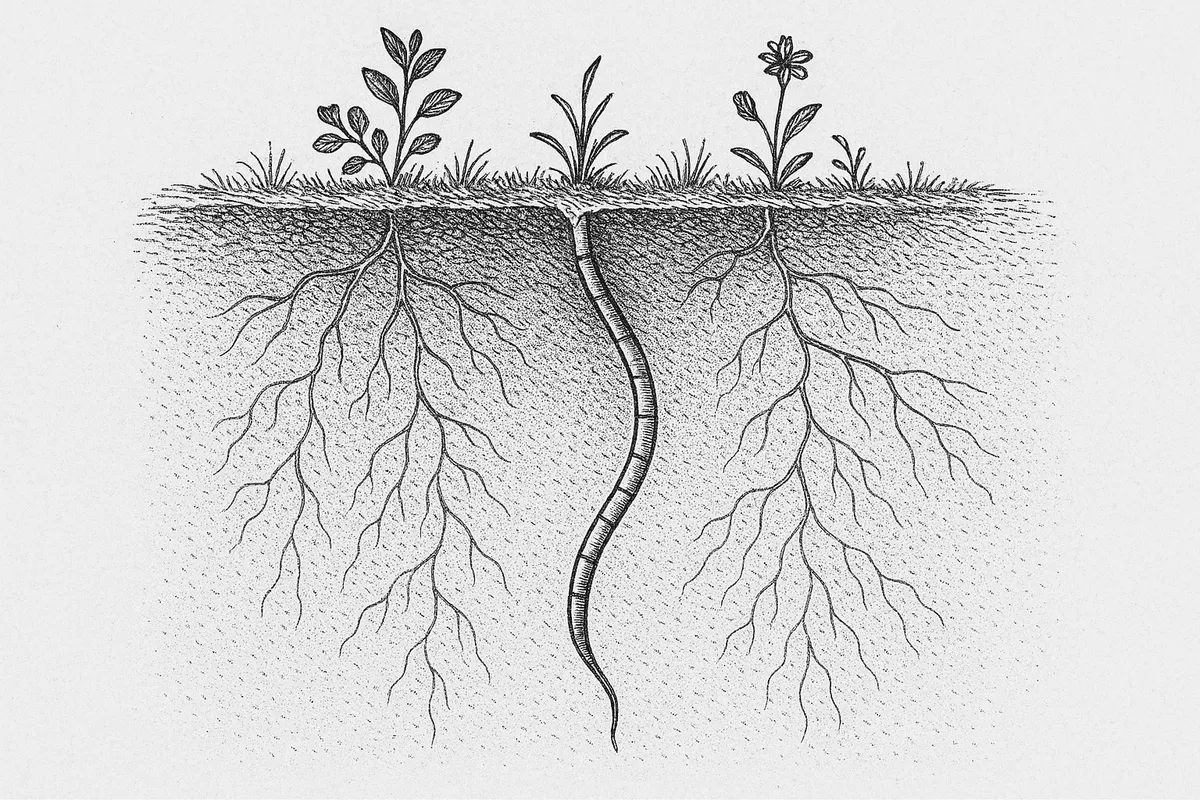 A line engraving cross-section through soil, with small plants above and their fibrous roots spreading below; descending among them at the centre is a slender segmented machine, curving gently and ending in a rounded growing tip.