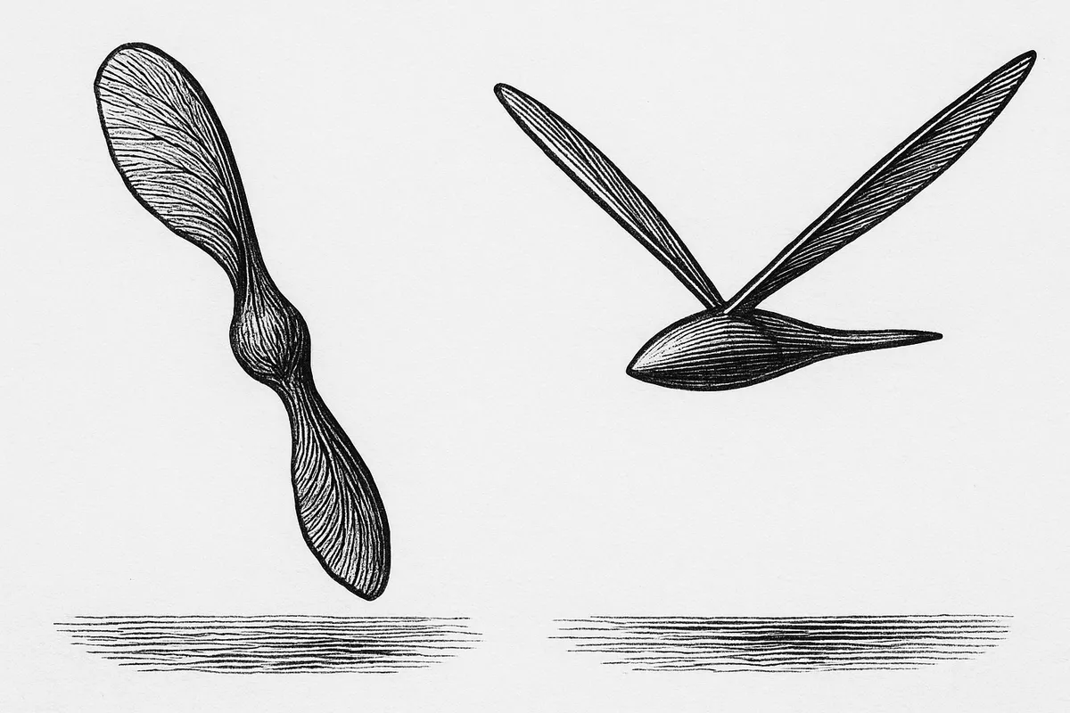 A line engraving comparative plate: at left a winged sycamore seed drawn botanically and angled in descent; at right, at similar size and angle, a small winged machine with two long rigid wings and a slim hull; a narrow band of water hatched beneath both.