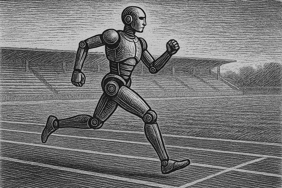 A line engraving of a single humanoid robot at full stride on an empty running track, one foot down and the other driving through.
