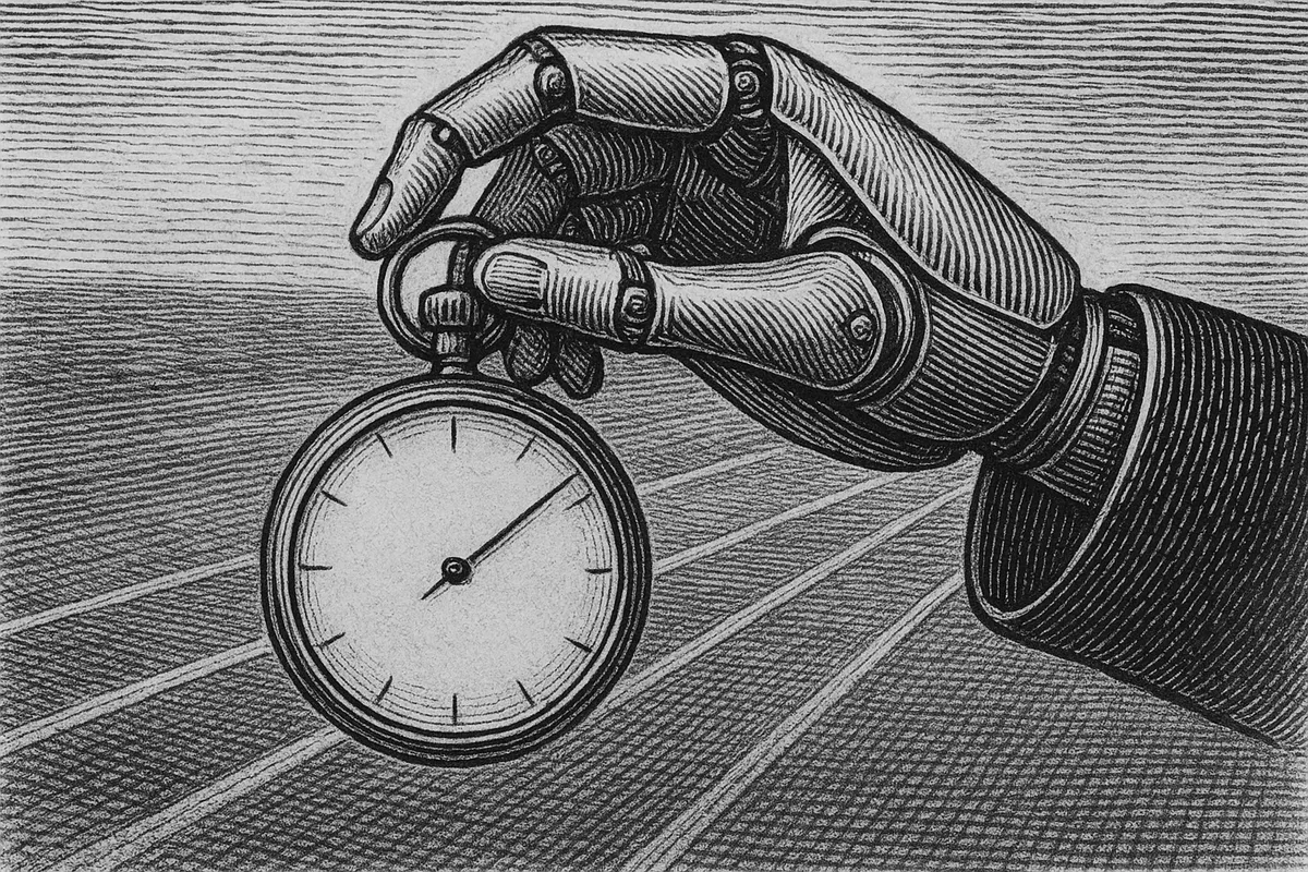 A line engraving of a mechanical hand holding a stopwatch, with the lanes of a running track receding behind it.