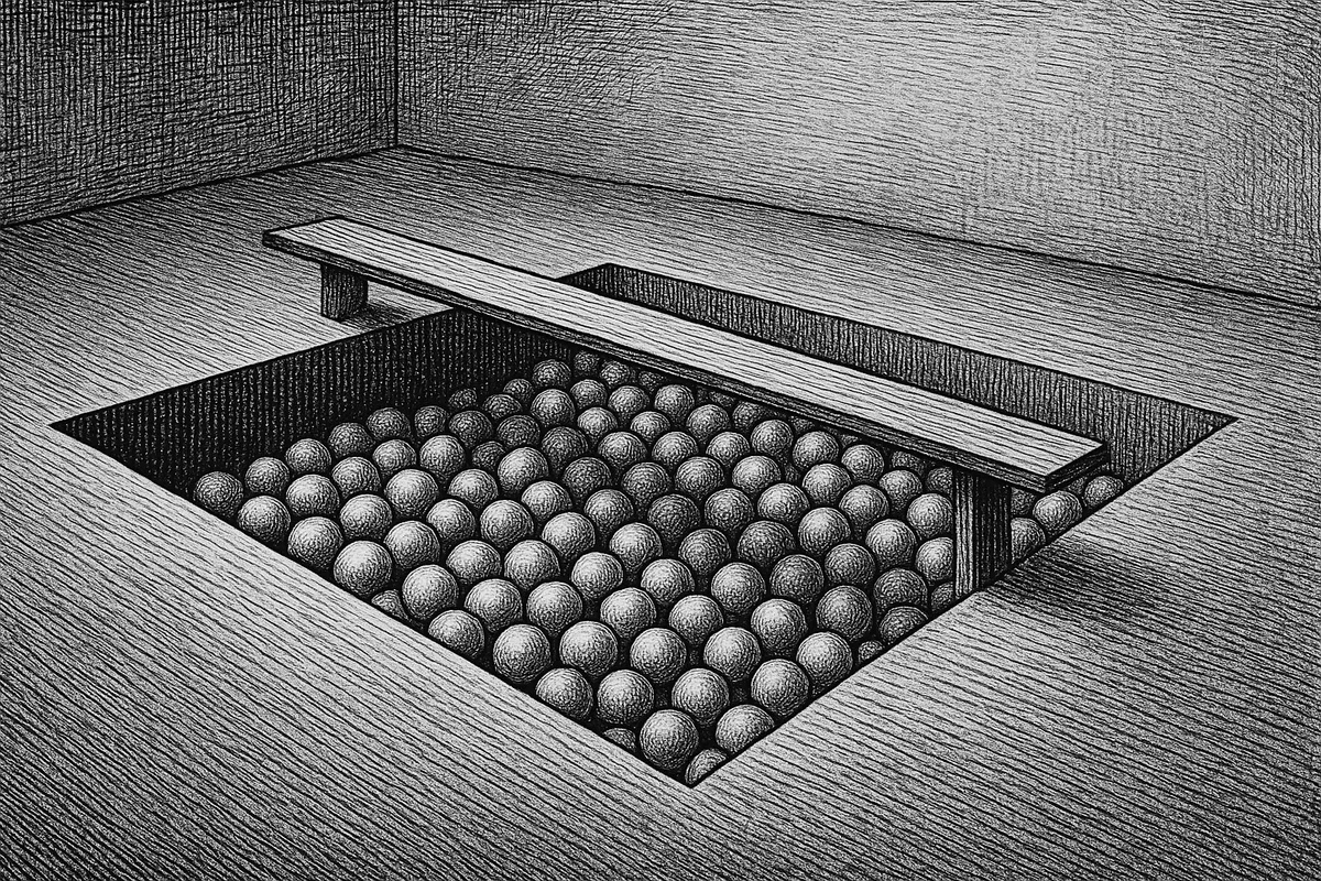 A line engraving of a rectangular pit set into the floor of a bare hall and filled with hundreds of plain spheres, spanned by a narrow plank footbridge with no handrails, entirely empty.