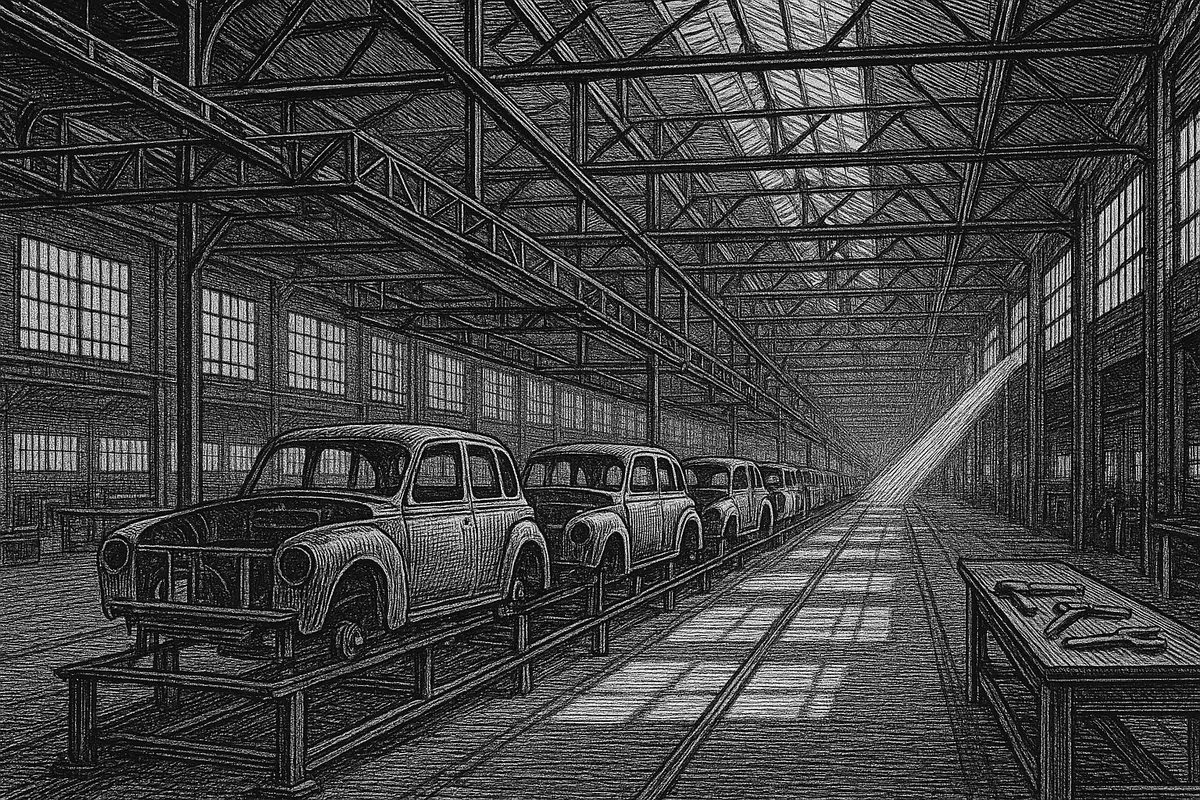 A line engraving of a deserted vehicle assembly hall, with unfinished car bodies halted along a stationary production line beneath overhead gantries, and hand tools resting on a bench.