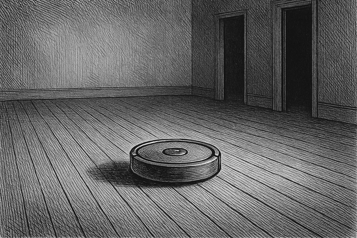 A line engraving of a small disc-shaped domestic floor robot standing alone in the centre of a large bare room, with plain floorboards receding, empty walls and two dark open doorways leading off.