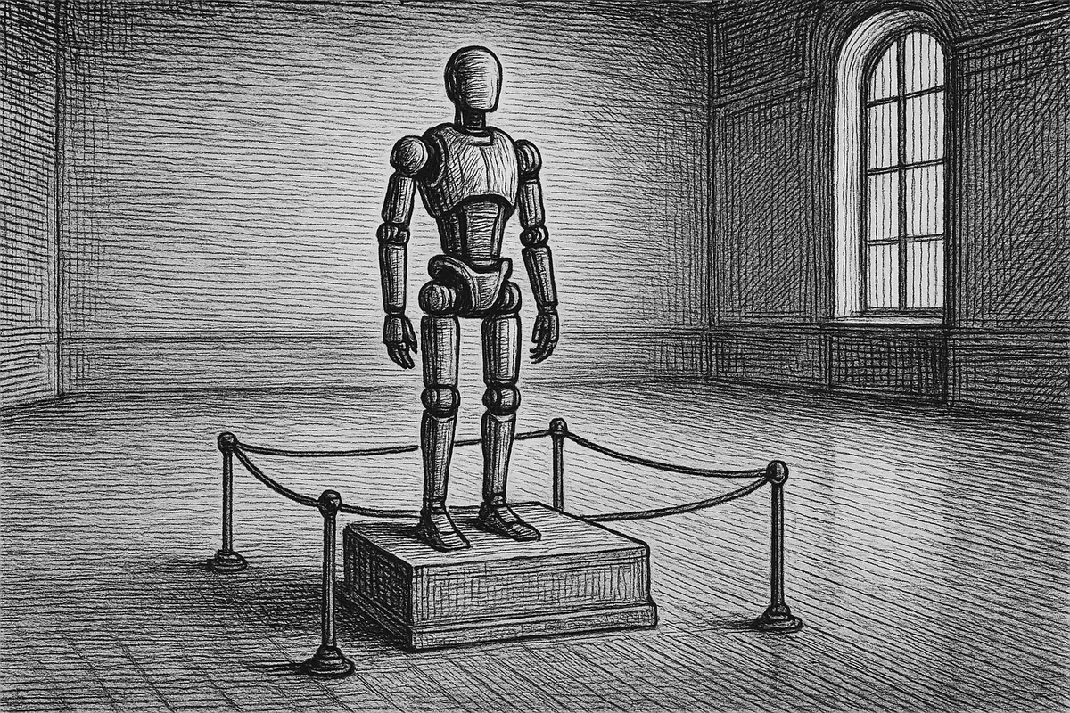 A line engraving of a humanoid robot standing motionless on a low plinth encircled by a rope barrier, alone in a large empty exhibition hall with a tall arched window and a bare floor.