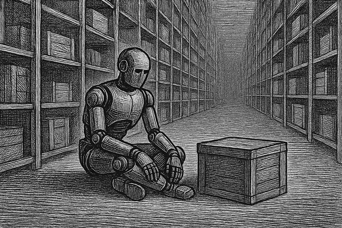 A line engraving of a humanoid robot sitting low on the floor of a warehouse aisle with its legs folded, a plain wooden crate set down on the ground beside it, tall racked shelving receding to either side.